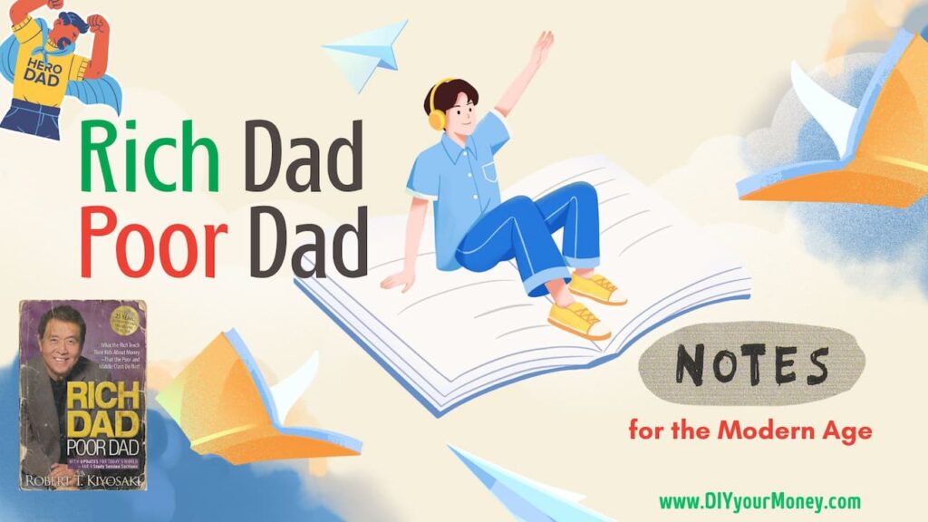 Illustration of Rich Dad Poor Dad book with modern financial themes and cartoon characters