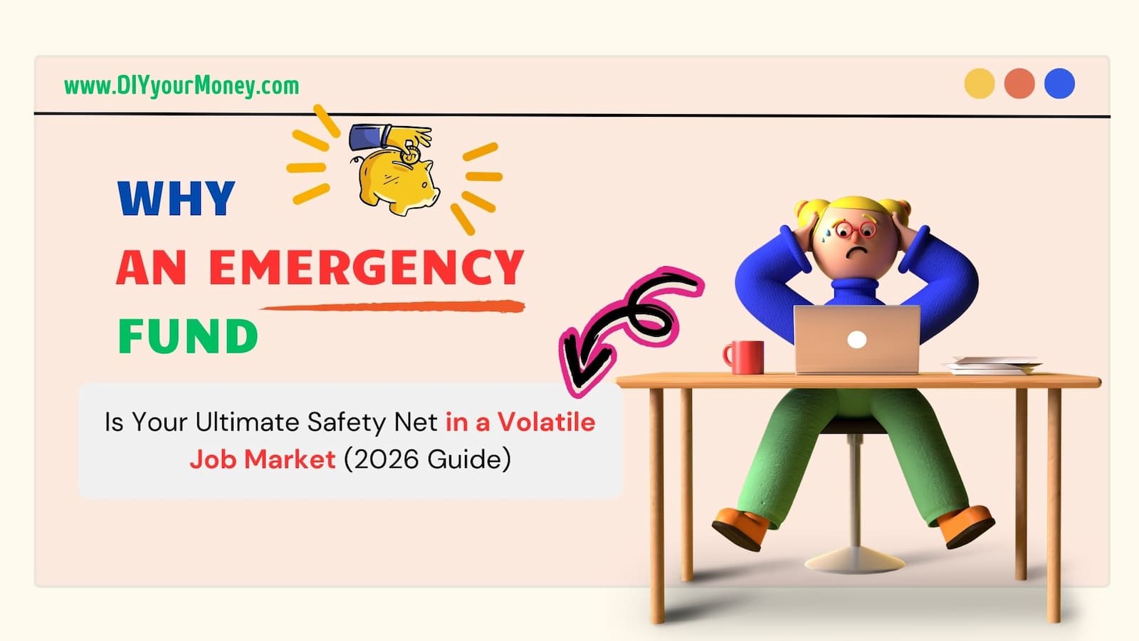 A colorful illustration featuring a person holding a large shield labeled "EMERGENCY FUND" to protect themselves from falling "Market Volatility" blocks, representing financial security in a 2026 job market.
