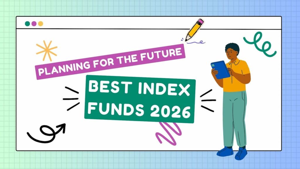 A promotional graphic for "Best Index Funds 2026" featuring a lightbulb icon with a growth arrow, a checklist, and coins, set against a blue and green professional background.