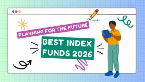 A promotional graphic for "Best Index Funds 2026" featuring a lightbulb icon with a growth arrow, a checklist, and coins, set against a blue and green professional background.
