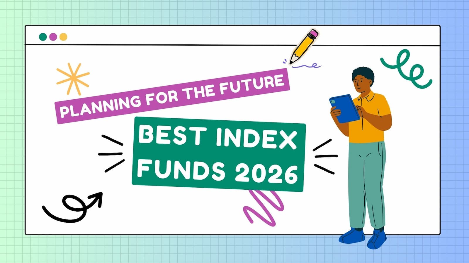 A promotional graphic for "Best Index Funds 2026" featuring a lightbulb icon with a growth arrow, a checklist, and coins, set against a blue and green professional background.