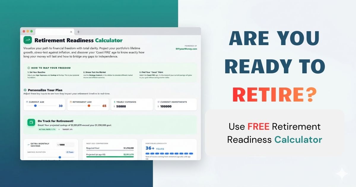 DIY Your Money Retirement Readiness Calculator dashboard mockup with growth chart and personalized inputs